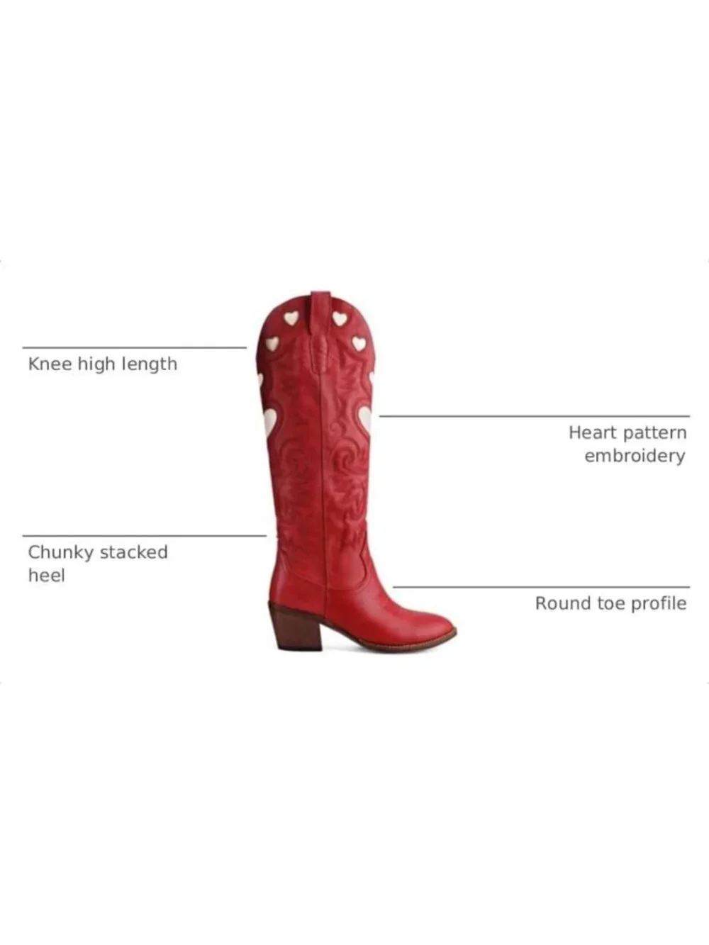 Knee High Boots for Women Heart Embroidered Western Boots Round Toe